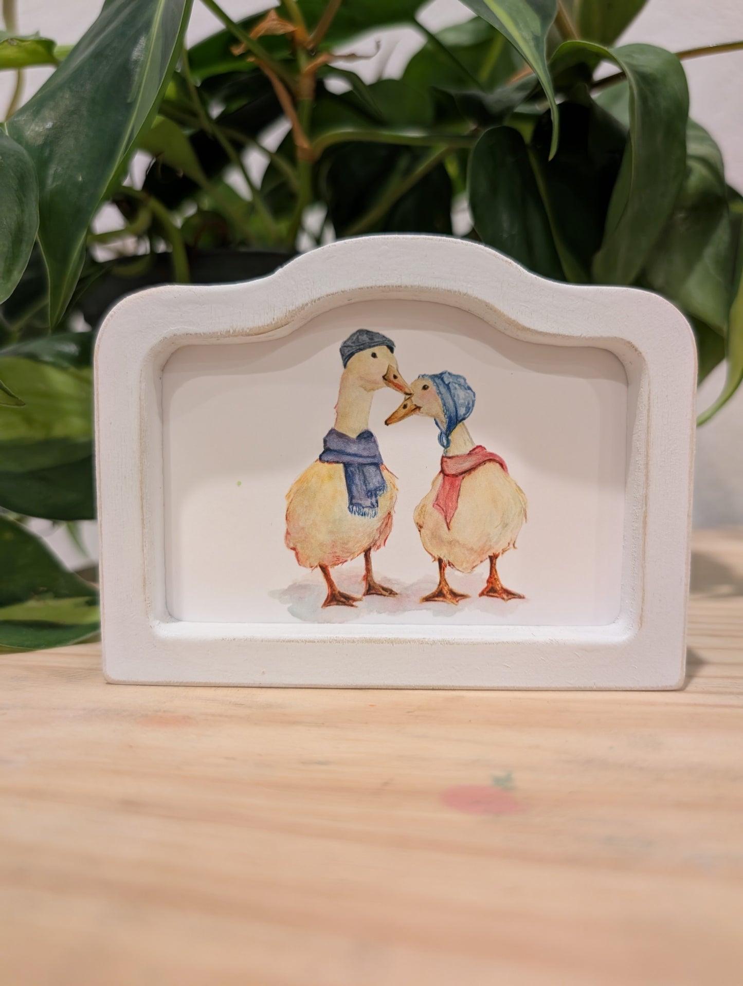 Mini Whimsical Duck Couple Art Print - Wood Arch Frame - Lora Cavallin Art