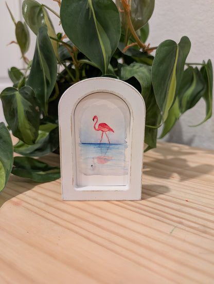 Mini Flamingo with Reflection Art Print - Wood Arch Frame - Lora Cavallin Art