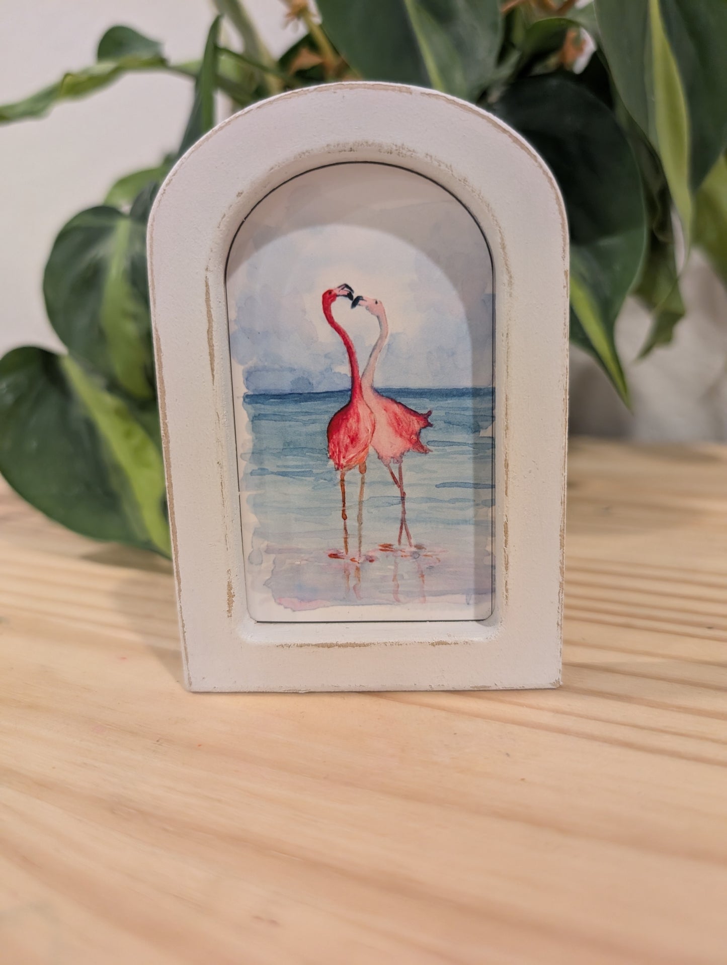 Mini Flamingos in Love Print - Wood Arch Frame - Lora Cavallin Art
