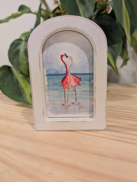Mini Flamingos in Love Print - Wood Arch Frame - Lora Cavallin Art