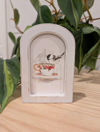 Mini Chickadee Bird on Teacup Art Print - Wood Arch Frame - Lora Cavallin Art
