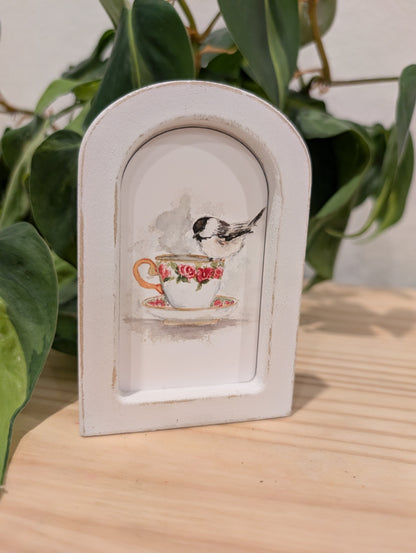 Mini Chickadee Bird on Teacup Art Print - Wood Arch Frame - Lora Cavallin Art