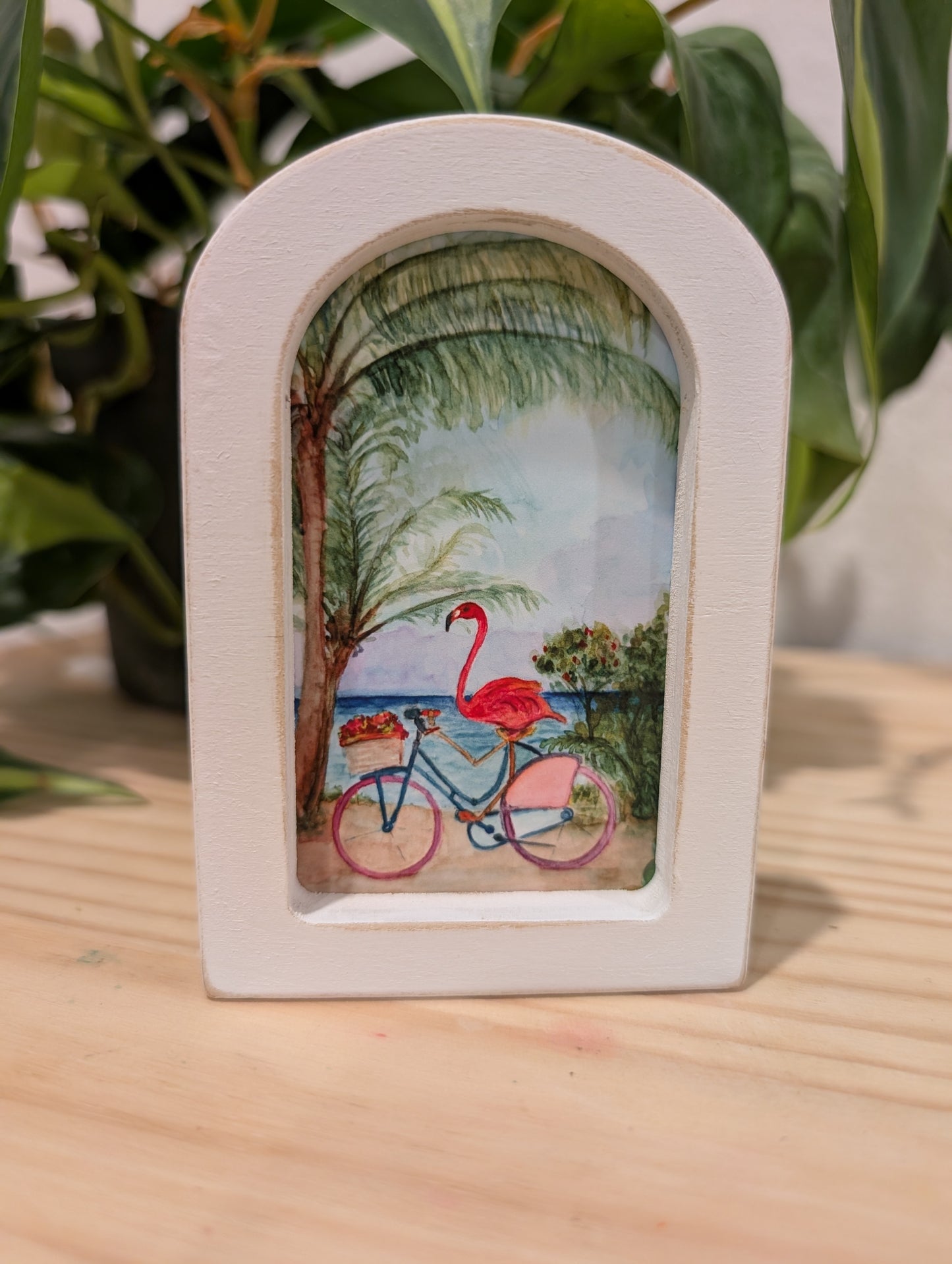 Mini Flamingo on Bike Art Print - Wood Arch Frame - Lora Cavallin Art