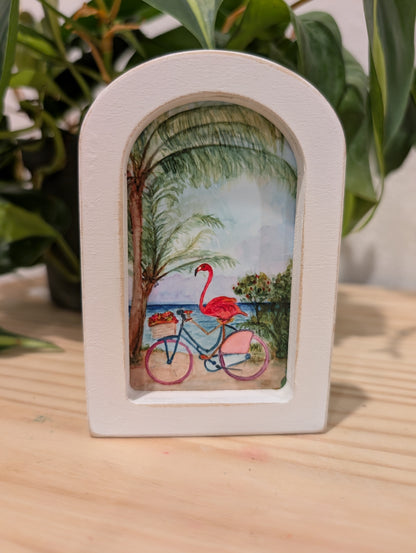 Mini Flamingo on Bike Art Print - Wood Arch Frame - Lora Cavallin Art