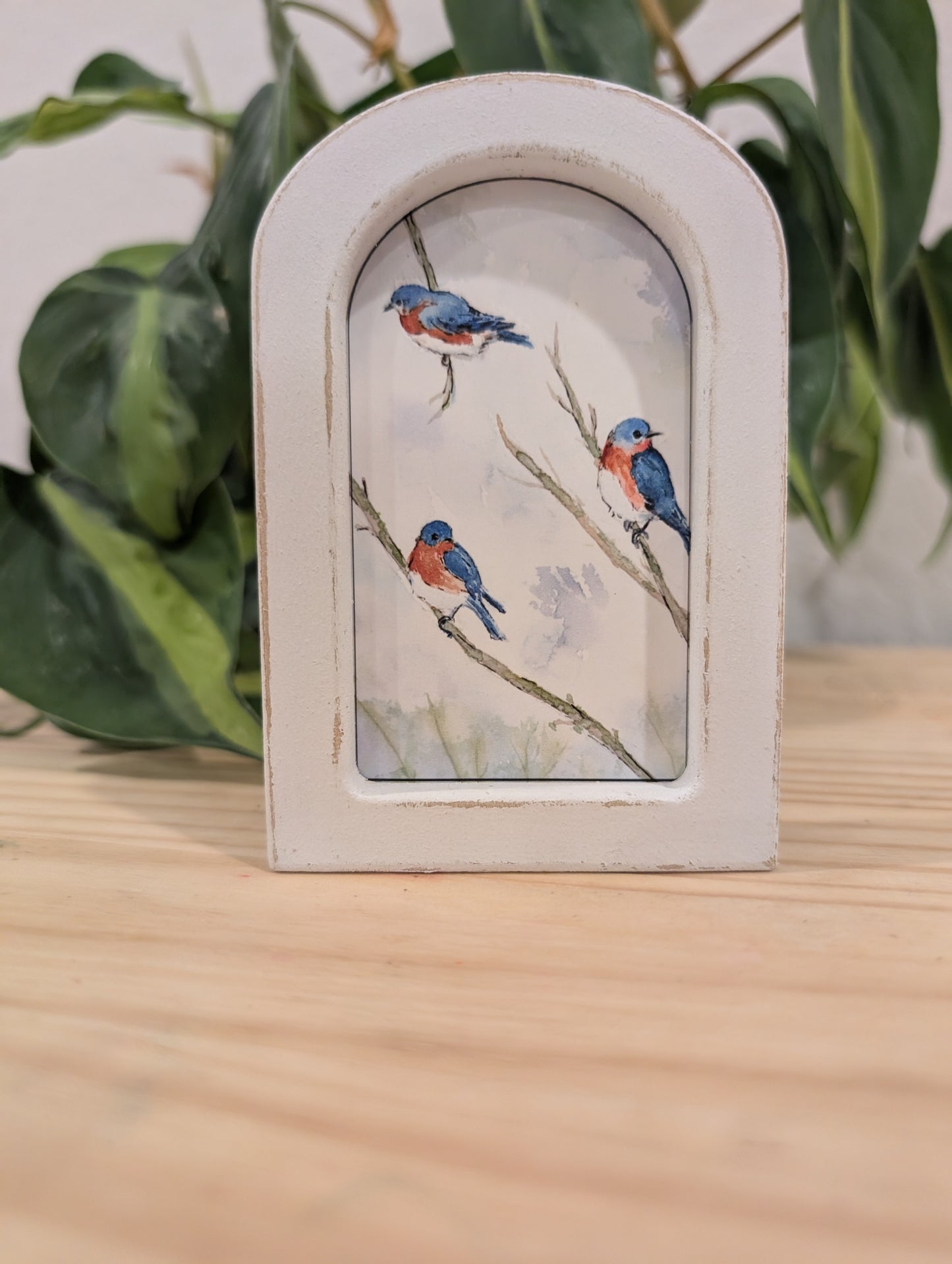 Mini Bluebirds on Branches Art Print - Wood Arch Frame - Lora Cavallin Art