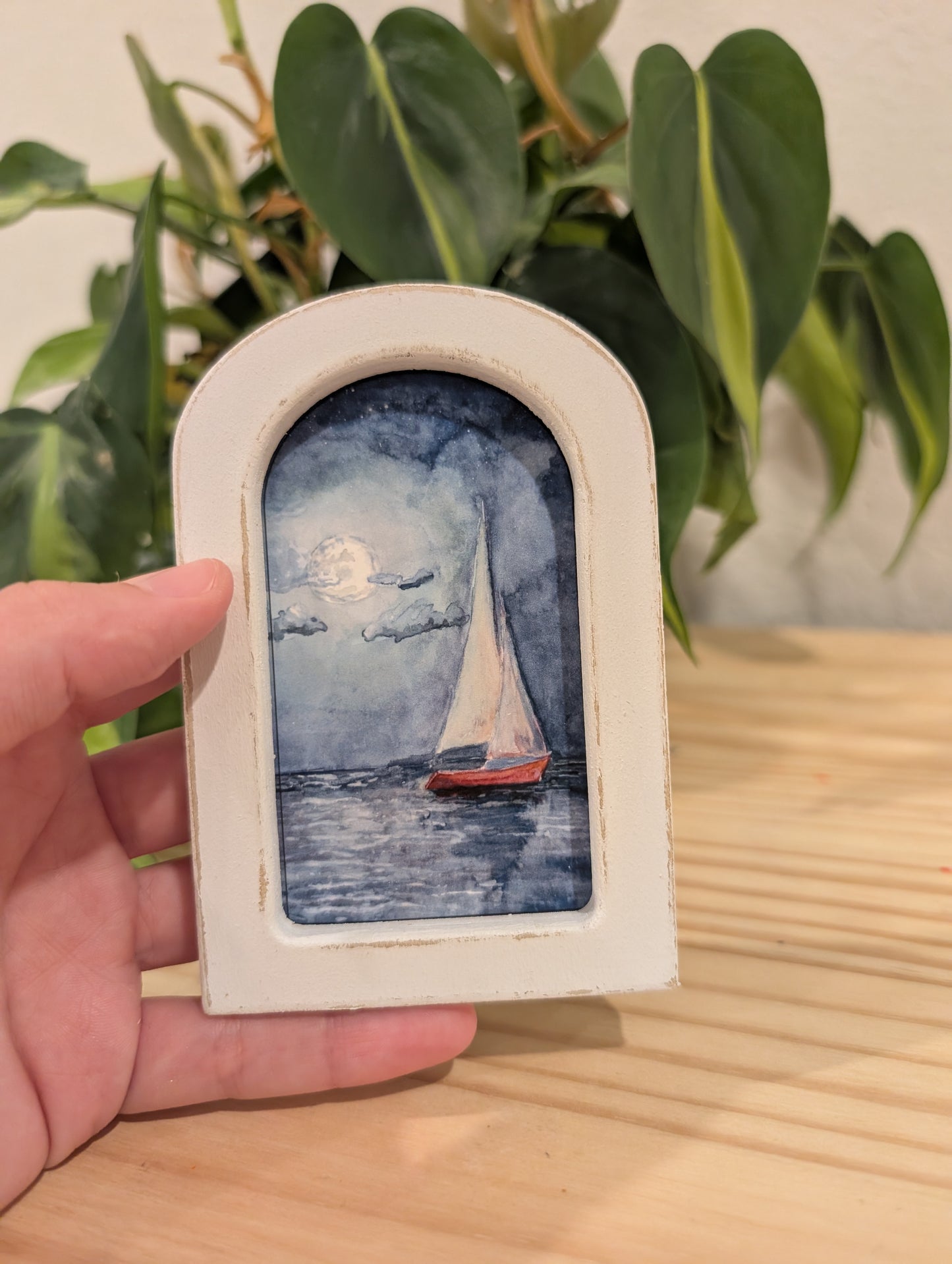 Mini Sailboat at Night Art Print - Wood Arch Frame - Lora Cavallin Art