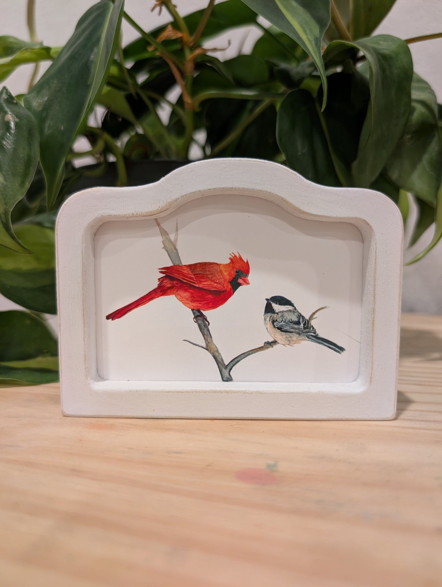 Mini Cardinal Bird and Chickadee Bird Art Print - Wood Arch Frame - Lora Cavallin Art