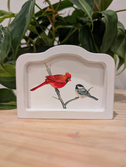 Mini Cardinal Bird and Chickadee Bird Art Print - Wood Arch Frame - Lora Cavallin Art