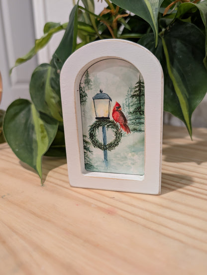 Mini Cardinal Bird on Lamppost Art Print - Wood Arch Frame - Lora Cavallin Art