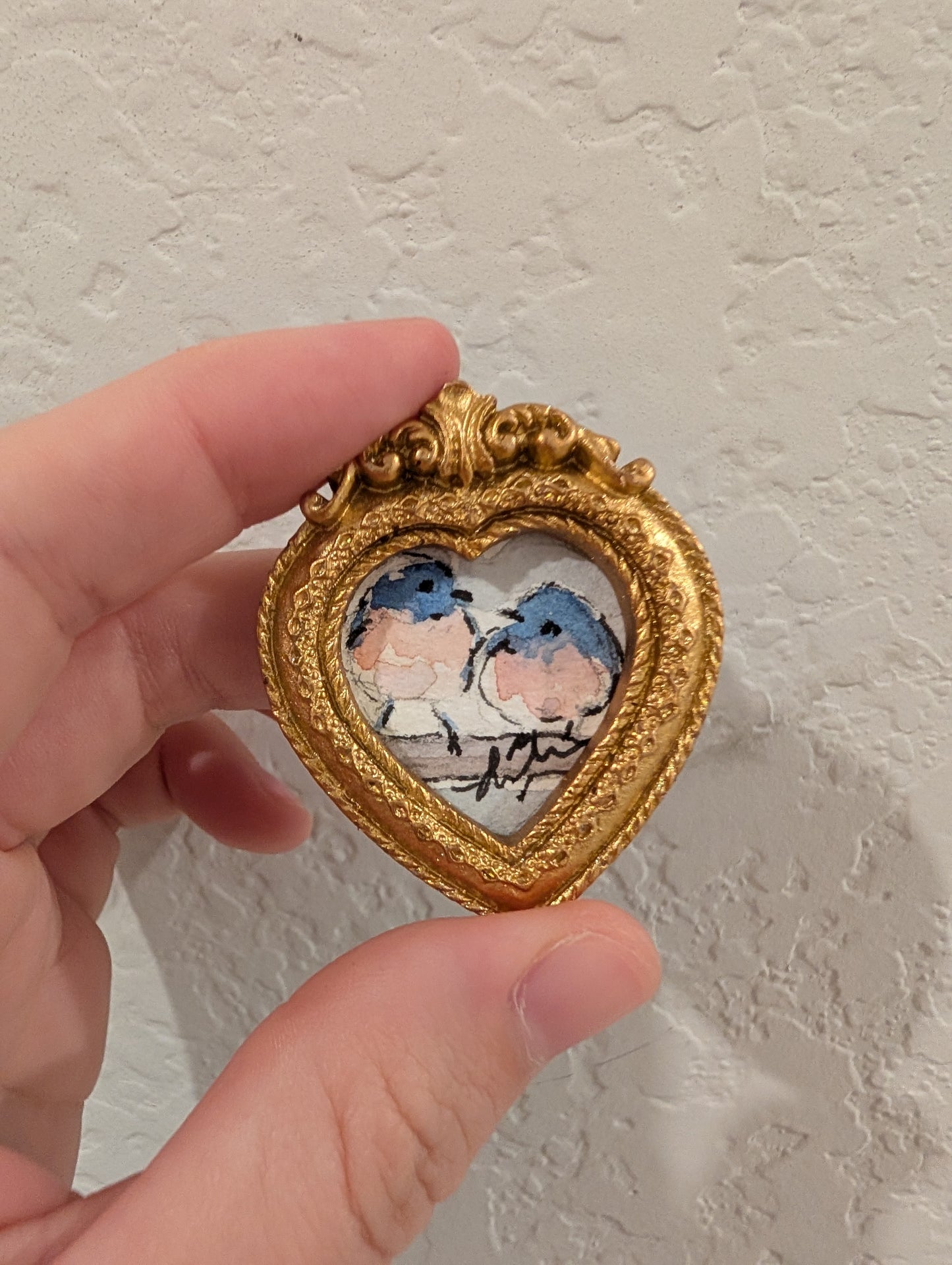 Mini Bluebirds in Love Painting - Original Watercolor Art by Lora Cavallin