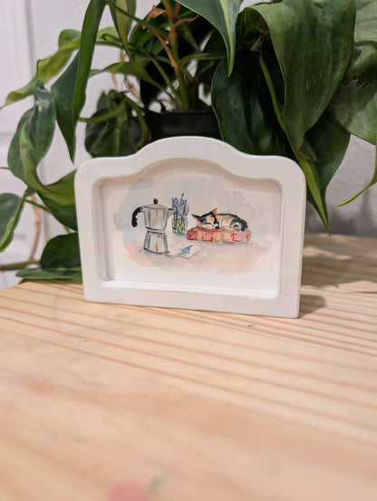 Mini Cat and Coffee Art Print - Wood Arch Frame - Lora Cavallin Art