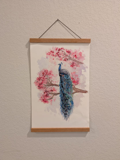 Pair Peacock Art Prints - Canvas Prints - With Hanging Poster Frames - 11" wide x 17" tall