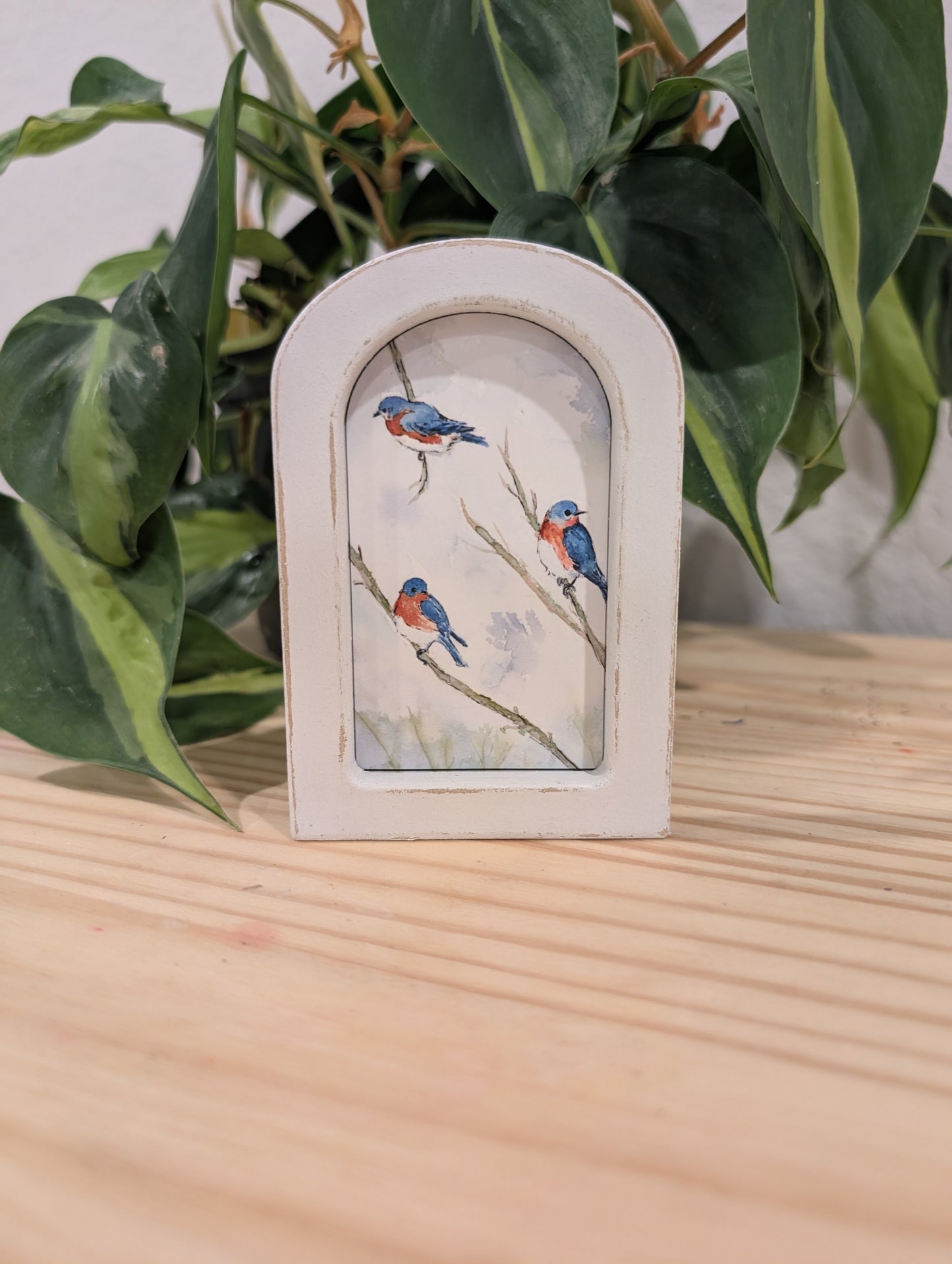 Mini Bluebirds on Branches Art Print - Wood Arch Frame - Lora Cavallin Art
