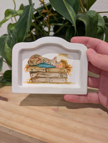 Mini Baby Jesus in Manger with Cat Art Print - Wood Arch Frame - Lora Cavallin Art