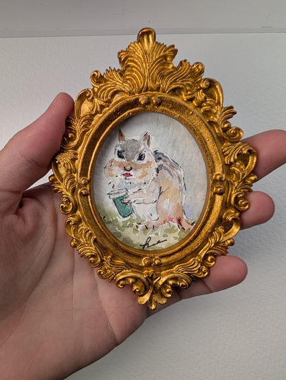 Mini Chipmunk with Coffee Painting - Original Watercolor Art by Lora Cavallin