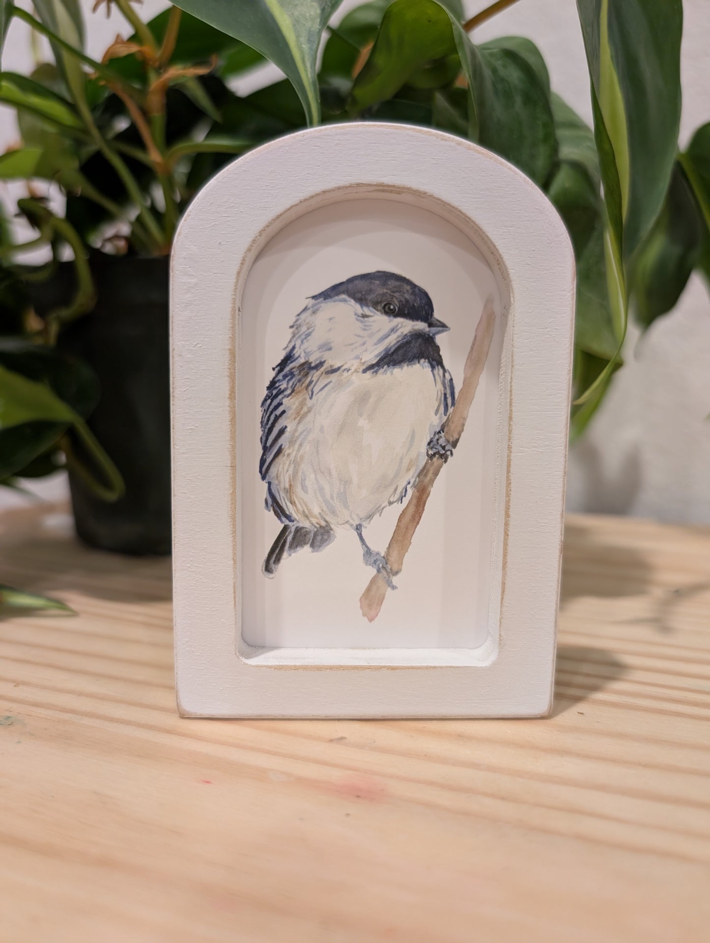 Mini Chickadee Bird Art Print - Wood Arch Frame - Lora Cavallin Art