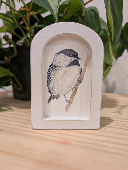 Mini Chickadee Bird Art Print - Wood Arch Frame - Lora Cavallin Art