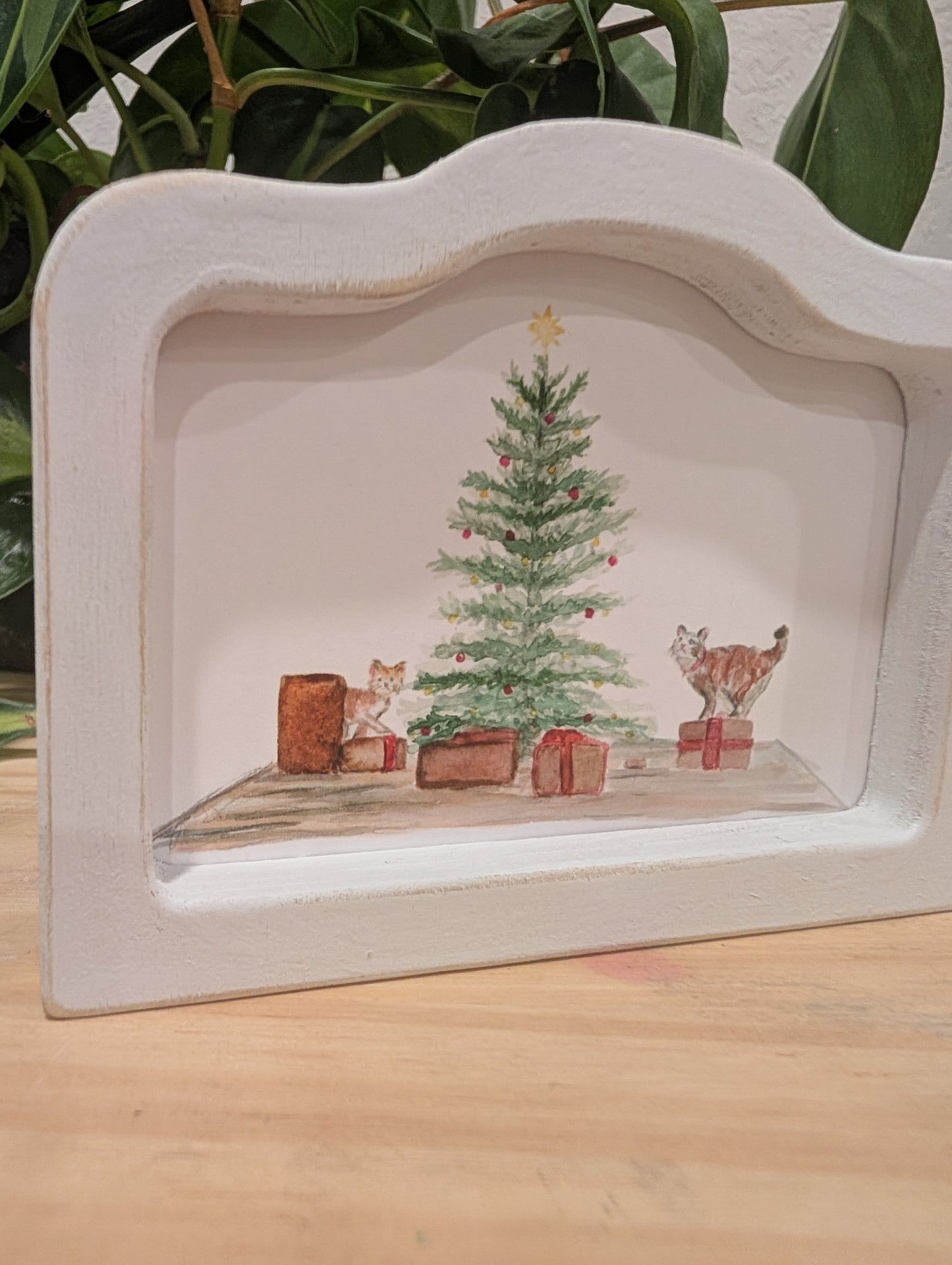 Mini Christmas Scene Cats and Presents Art Print - Wood Arch Frame - Lora Cavallin Art