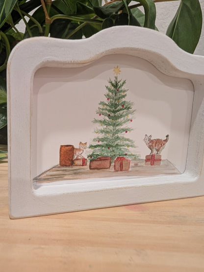 Mini Christmas Scene Cats and Presents Art Print - Wood Arch Frame - Lora Cavallin Art