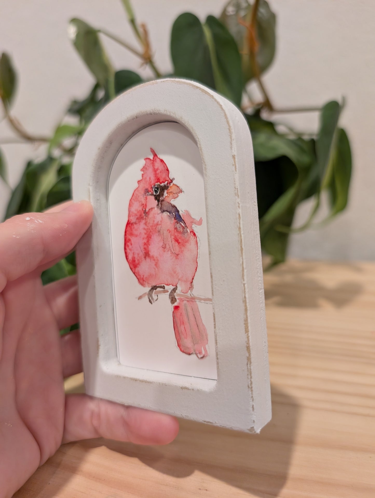 Mini Cardinal Bird Art Print - Wood Arch Frame - Lora Cavallin Art