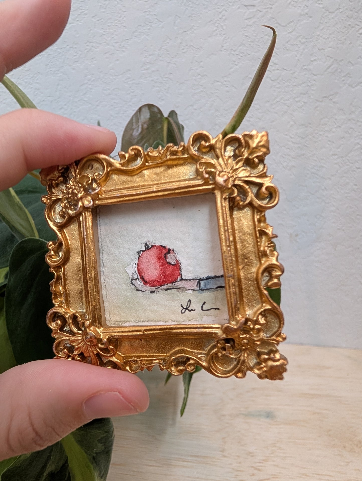 Mini Snow White Apple Painting - Original Watercolor Art by Lora Cavallin