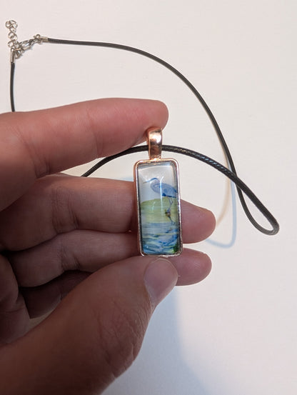 Blue Heron in Creek Pendant Necklace - Lora Cavallin Art