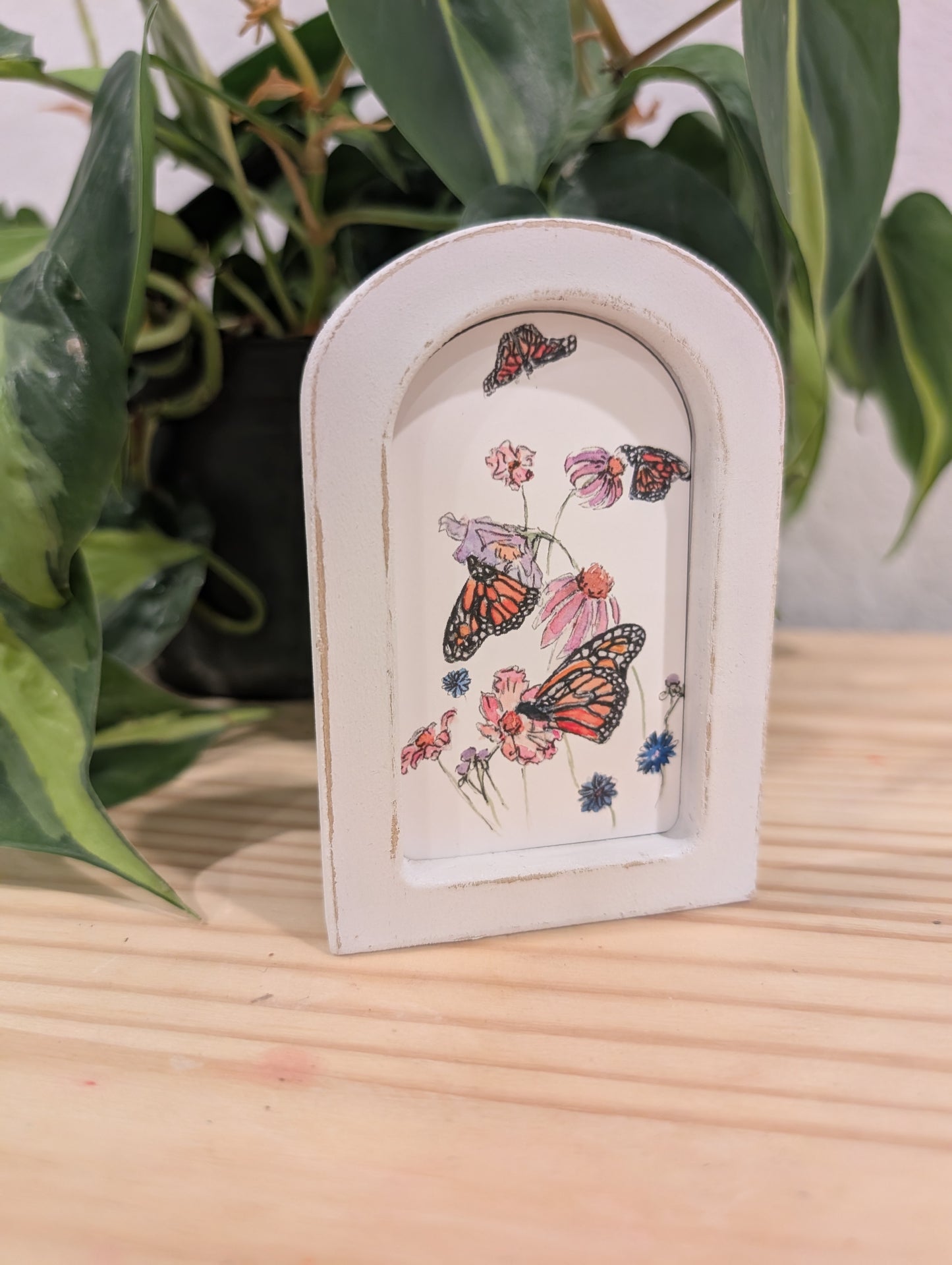 Mini Butterflies and Flowers Print - Wood Arch Frame - Lora Cavallin Art