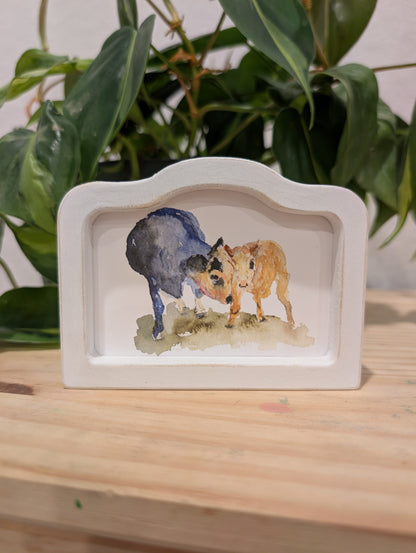 Mini Mama and Baby Cow Art Print - Wood Arch Frame - Lora Cavallin Art