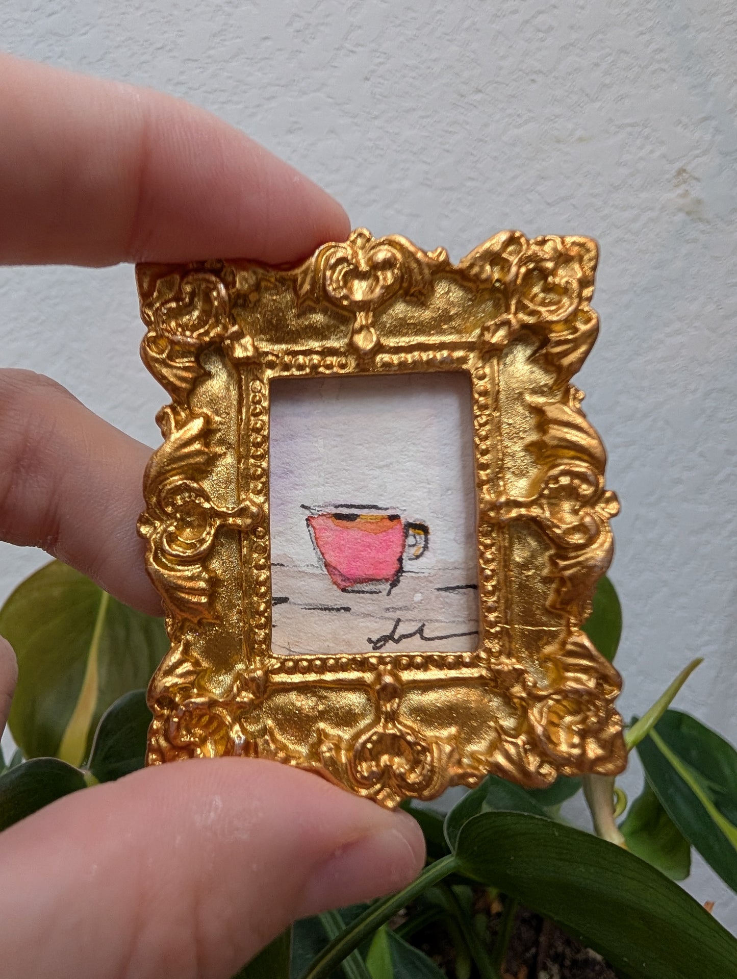 Mini Pink Coffee Mug Painting - Original Watercolor Art by Lora Cavallin