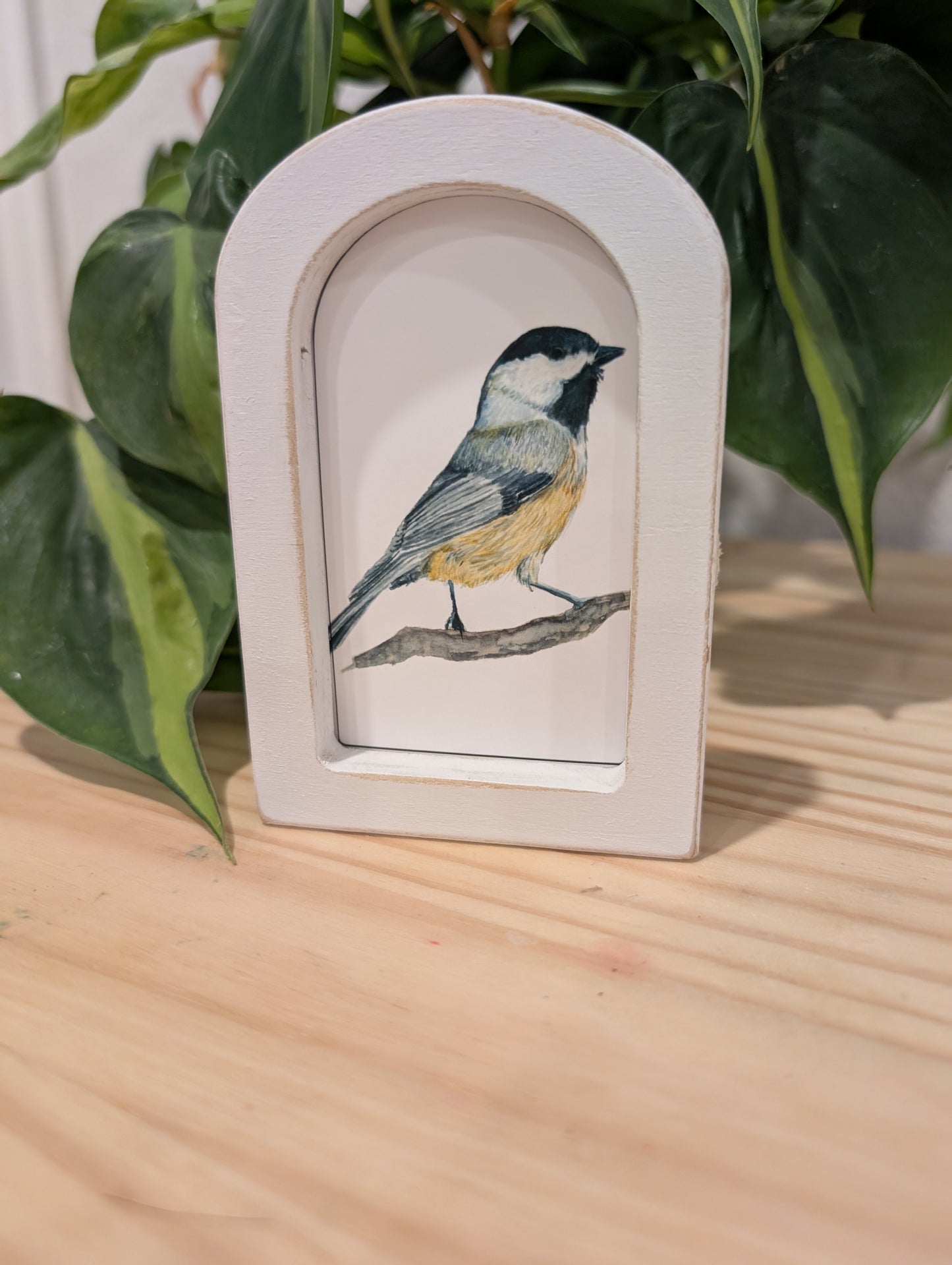 Mini Chickadee Bird Art Print - Wood Arch Frame - Lora Cavallin Art
