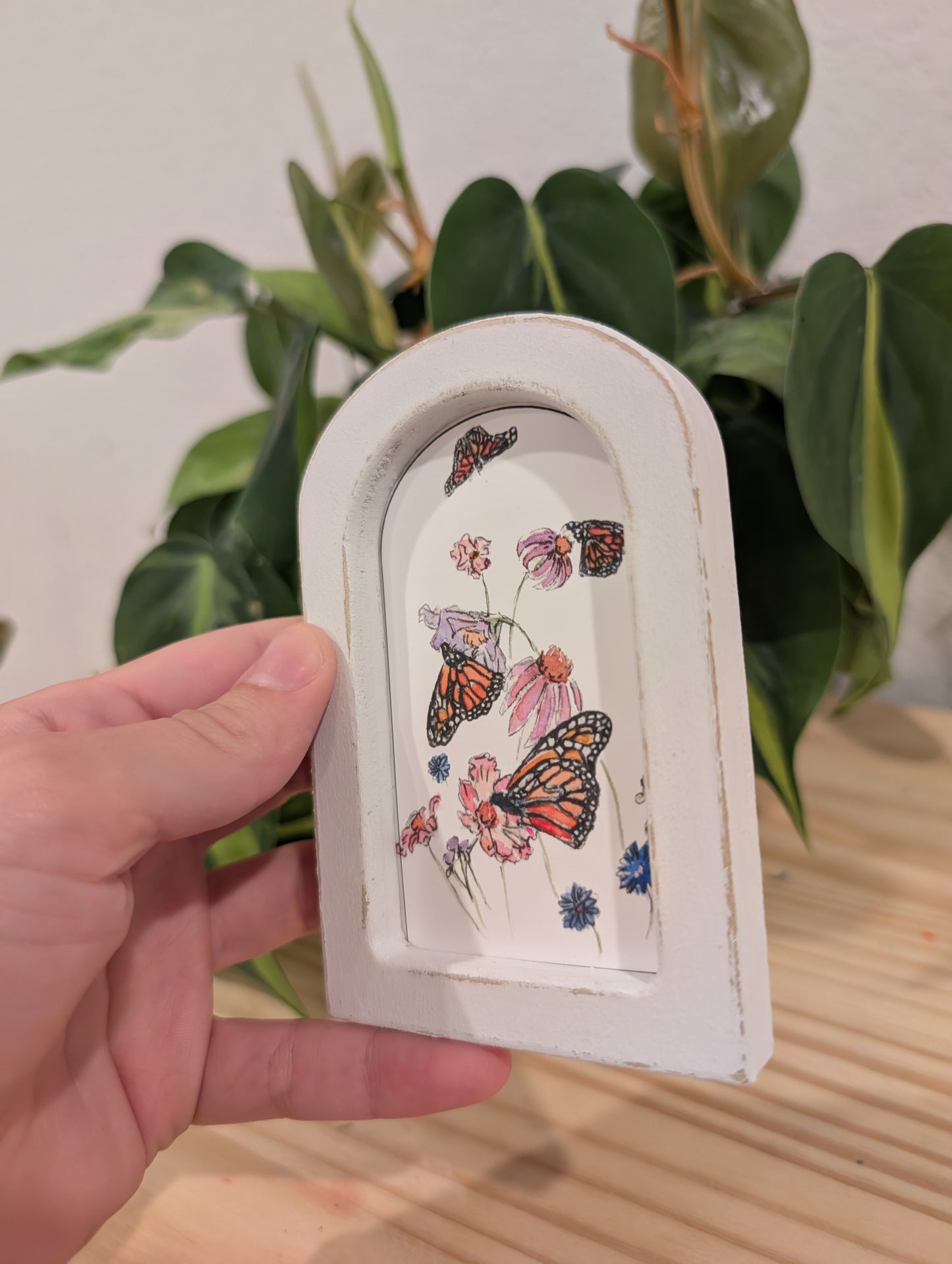 Mini Butterflies and Flowers Print - Wood Arch Frame - Lora Cavallin Art