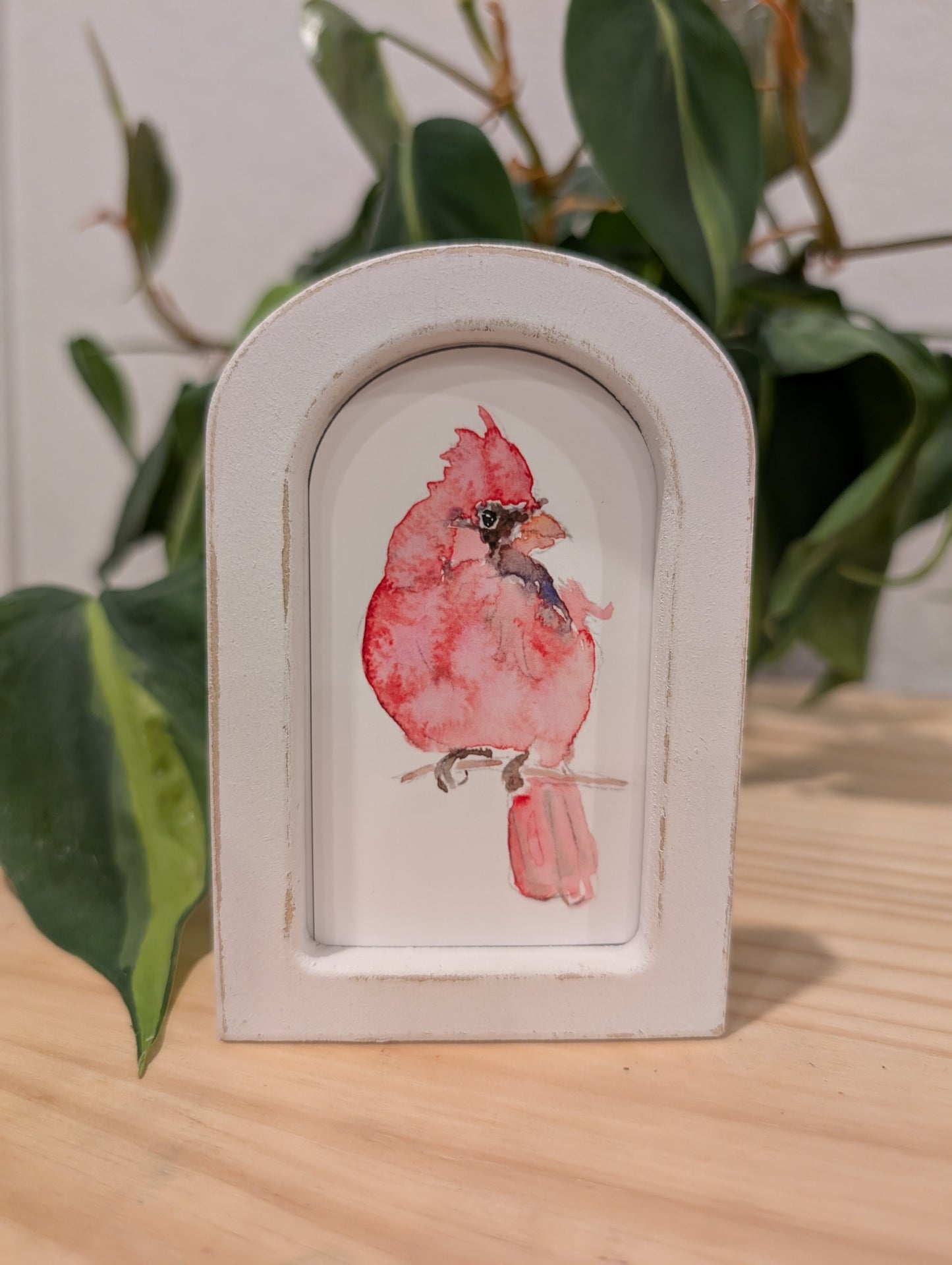 Mini Cardinal Bird Art Print - Wood Arch Frame - Lora Cavallin Art