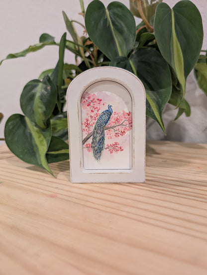 Mini Peacock Art Print - Wood Arch Frame - Lora Cavallin Art