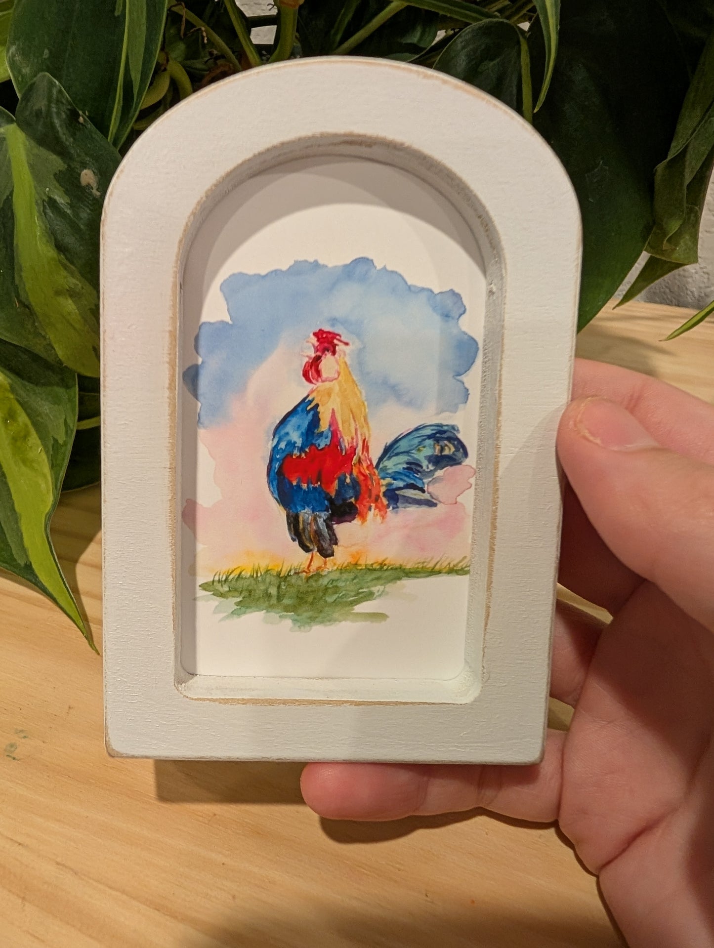 Mini Rooster Art Print - Wood Arch Frame - Lora Cavallin Art