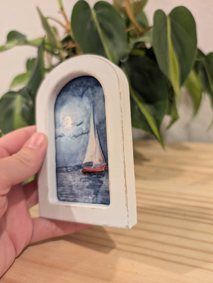 Mini Sailboat at Night Art Print - Wood Arch Frame - Lora Cavallin Art