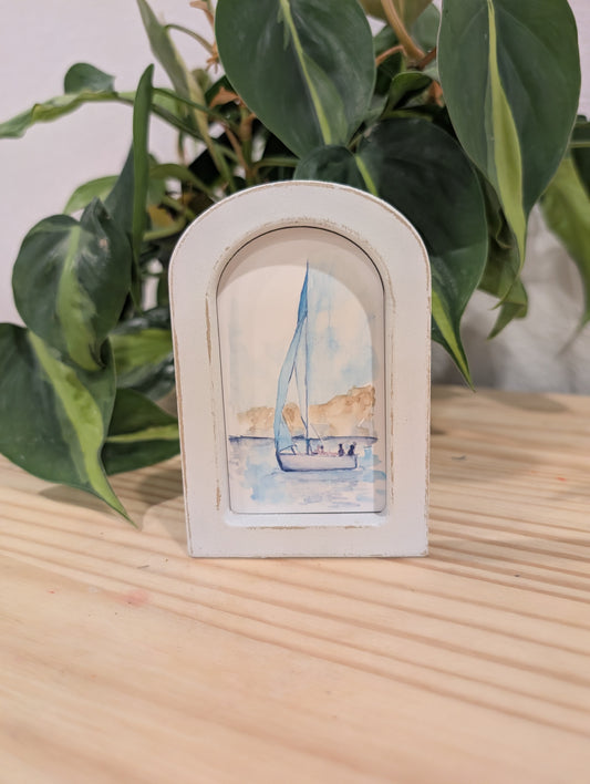 Mini Sailboat Art Print - Wood Arch Frame - Lora Cavallin Art