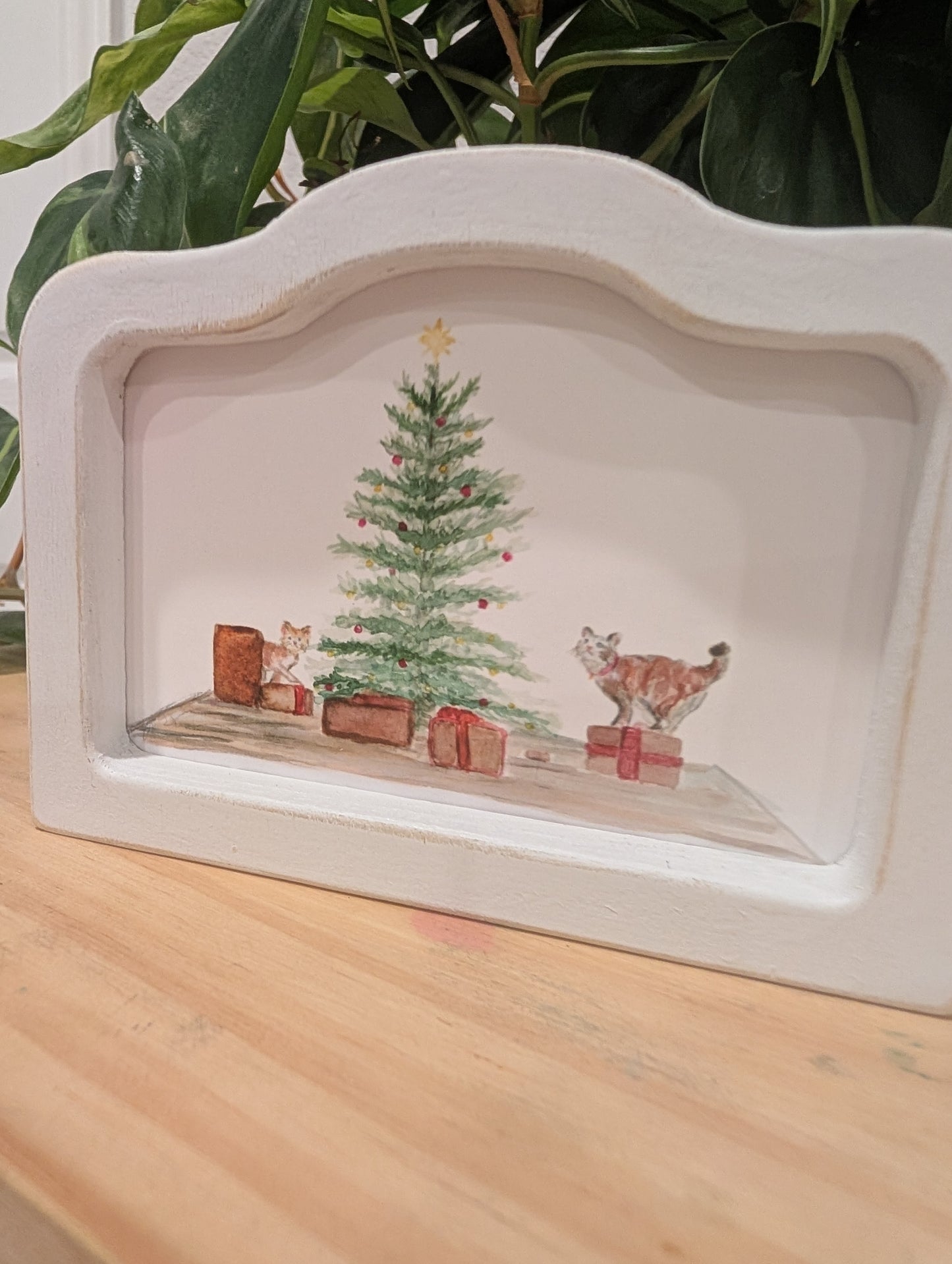 Mini Christmas Scene Cats and Presents Art Print - Wood Arch Frame - Lora Cavallin Art