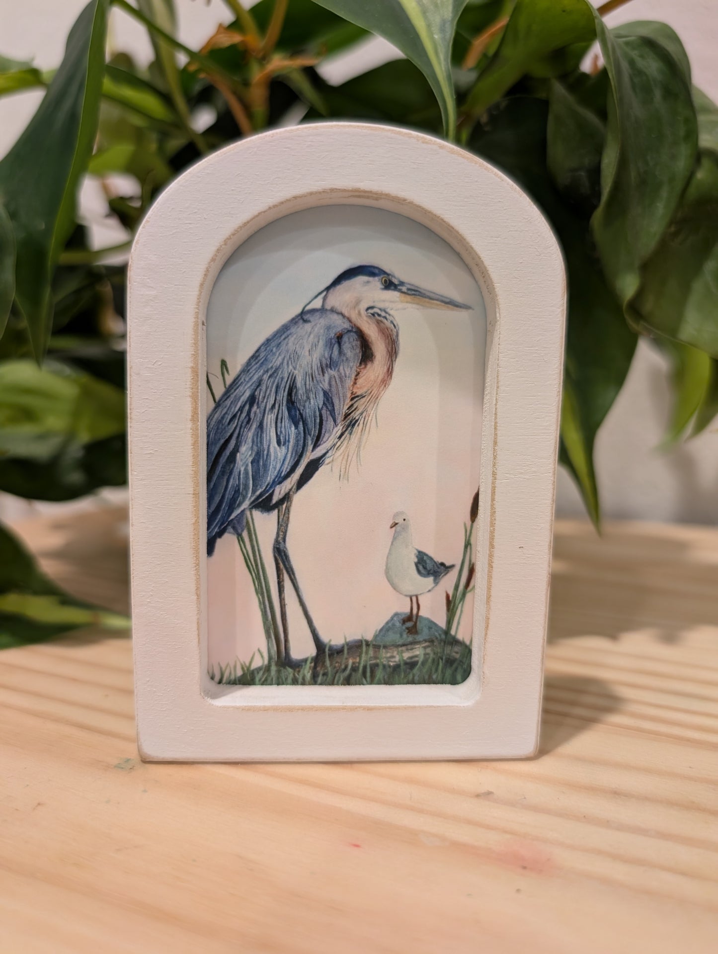 Mini Blue Heron with Seagull Art Print - Wood Arch Frame - Lora Cavallin Art