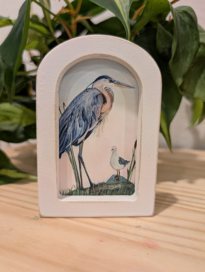 Mini Blue Heron with Seagull Art Print - Wood Arch Frame - Lora Cavallin Art