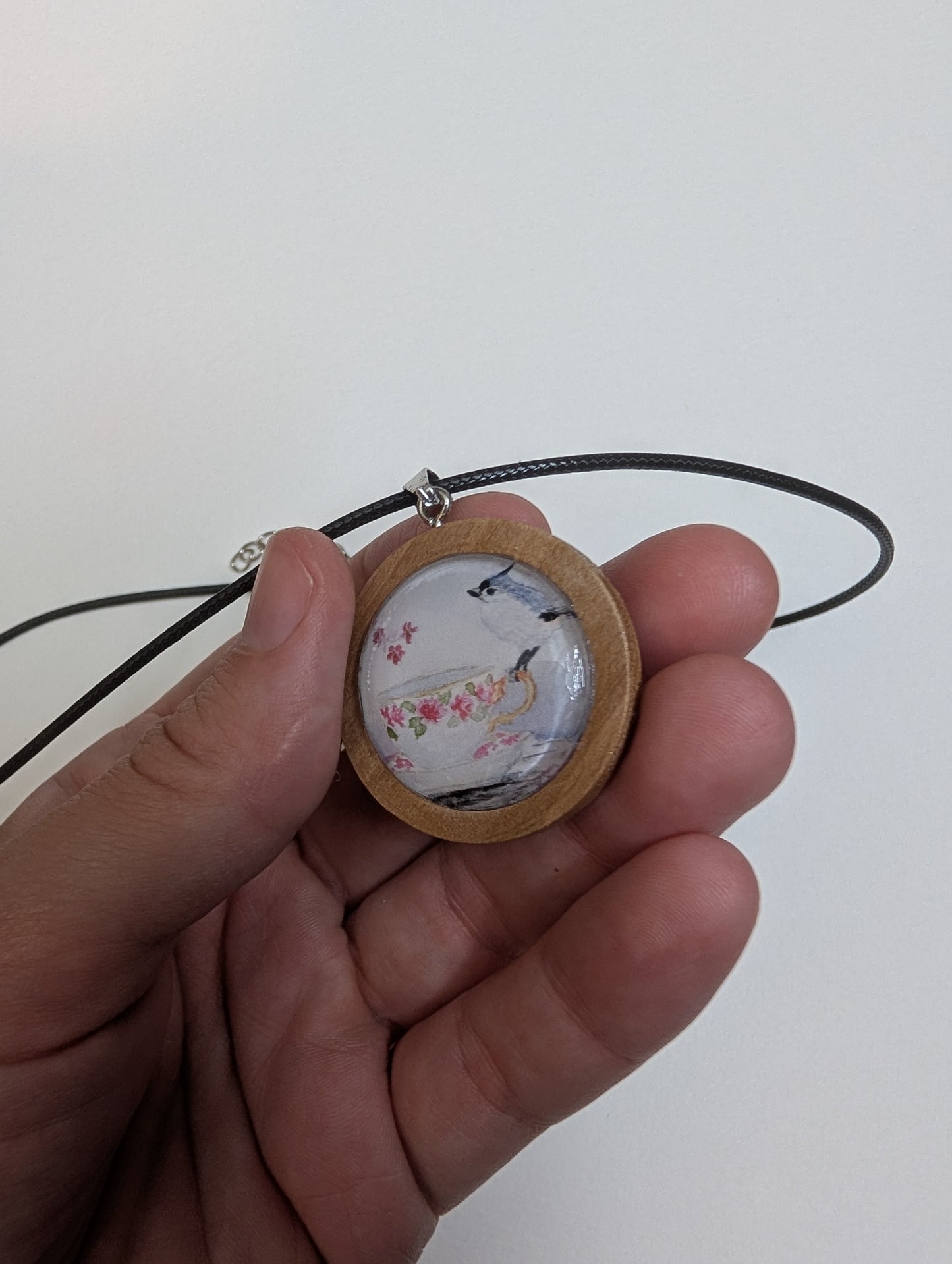 Titmouse Bird on Teacup Pendant Necklace - Lora Cavallin Art