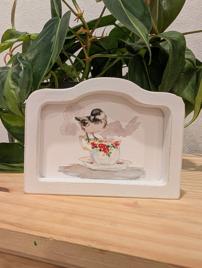 Mini Chickadee Bird Art Print - Wood Arch Frame - Lora Cavallin Art