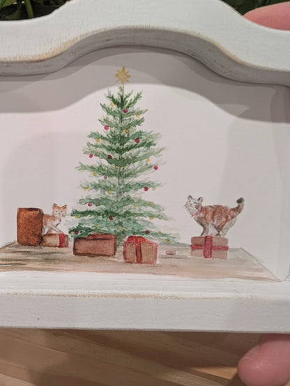 Mini Christmas Scene Cats and Presents Art Print - Wood Arch Frame - Lora Cavallin Art