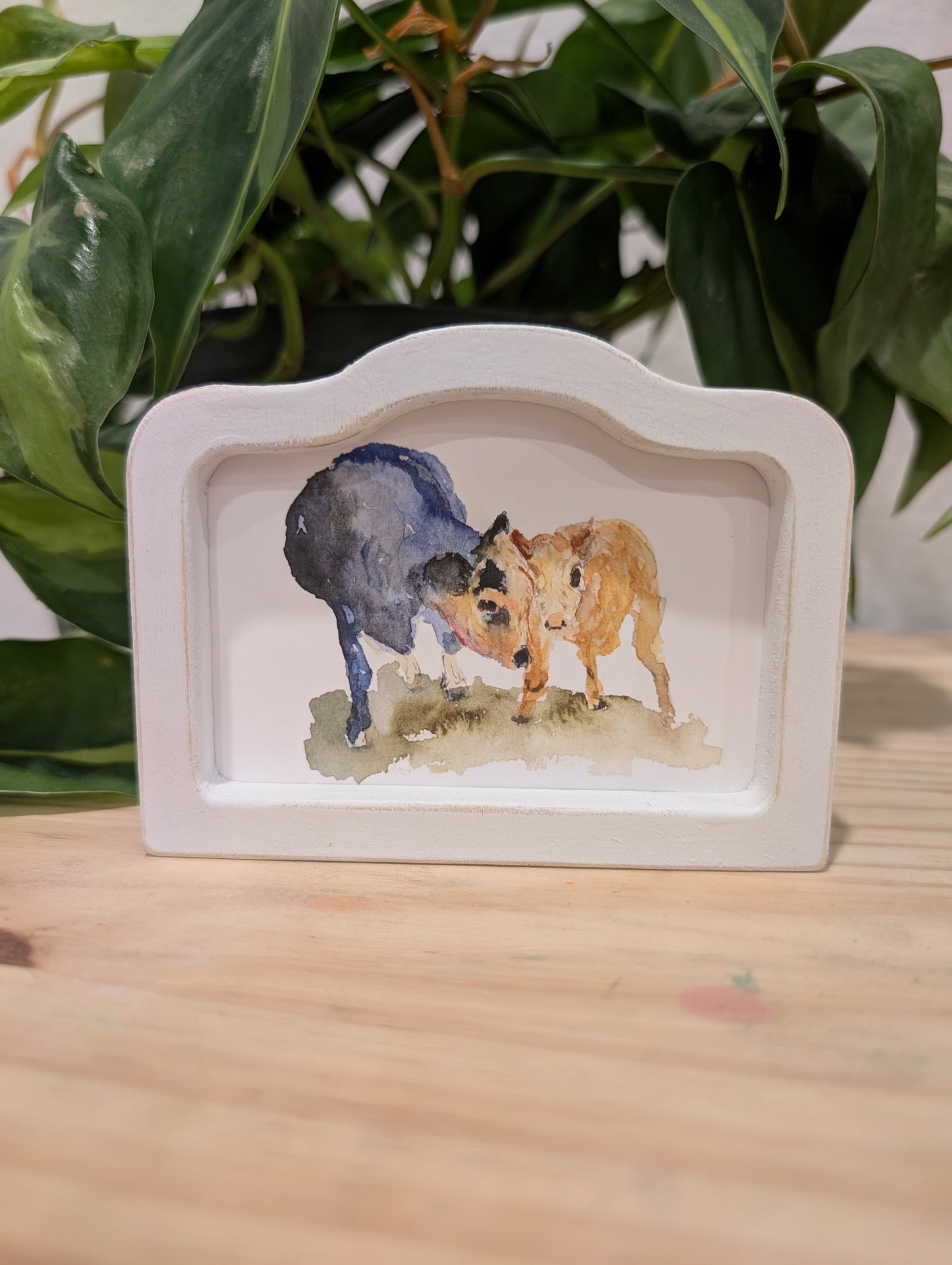 Mini Mama and Baby Cow Art Print - Wood Arch Frame - Lora Cavallin Art