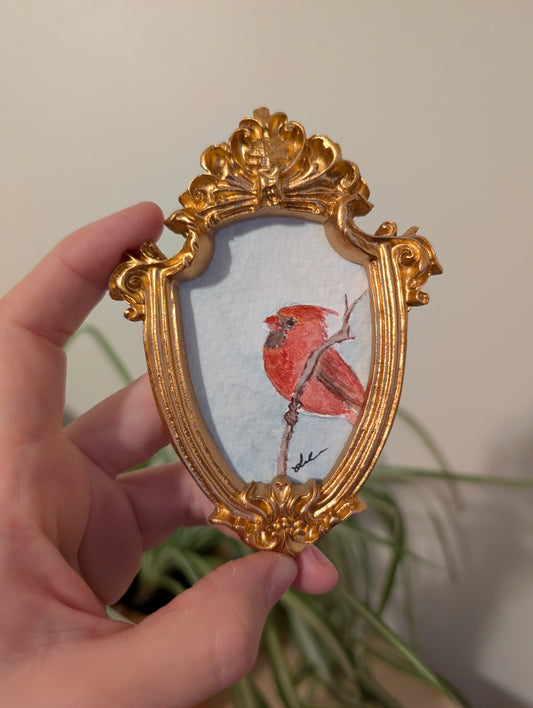 Mini Cardinal Bird Painting - Original Watercolor Art by Lora Cavallin