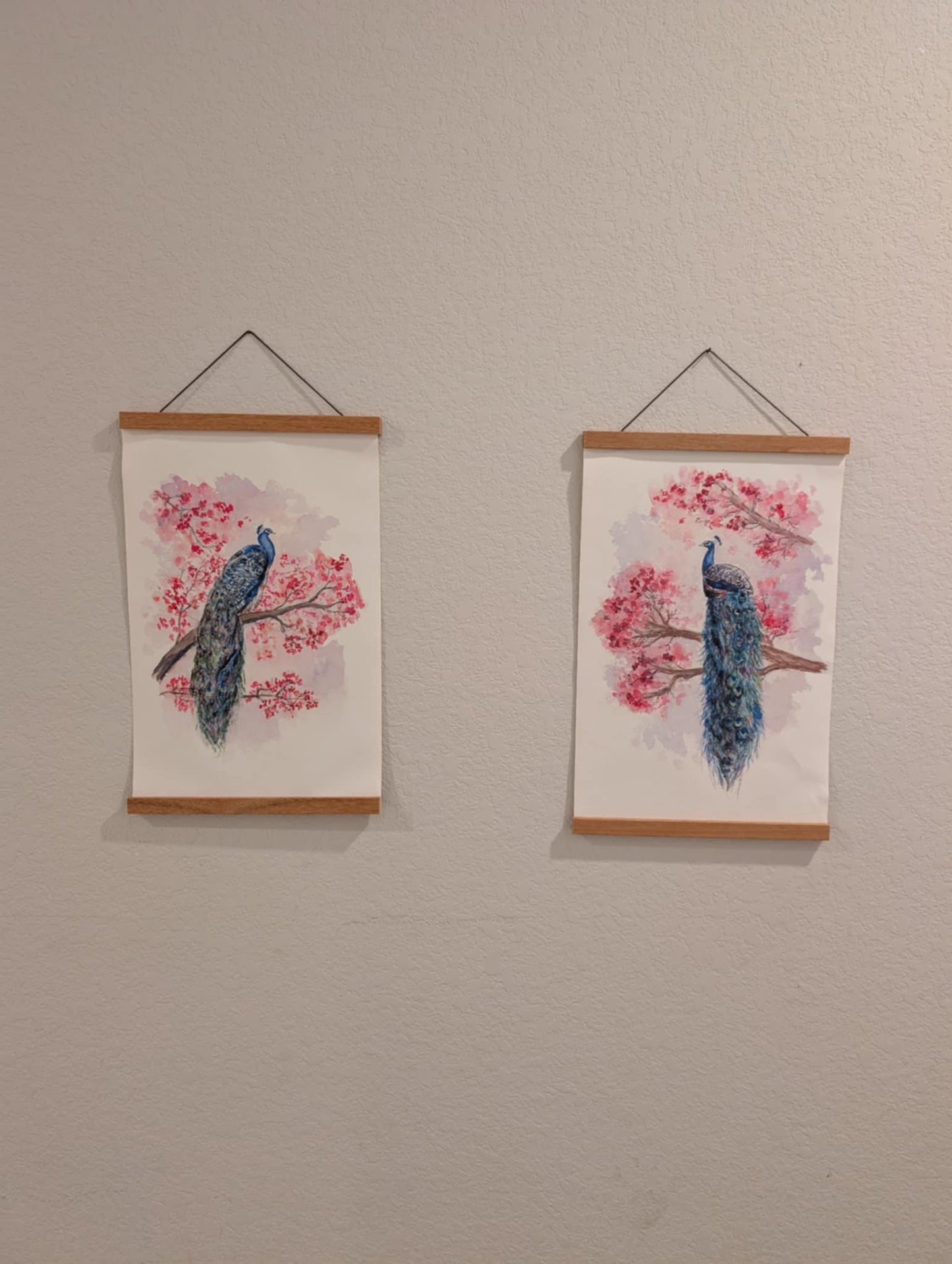 Pair Peacock Art Prints - Canvas Prints - With Hanging Poster Frames - 11" wide x 17" tall