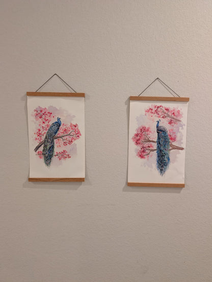 Pair Peacock Art Prints - Canvas Prints - With Hanging Poster Frames - 11" wide x 17" tall