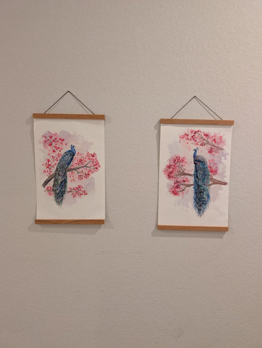 Pair Peacock Art Prints - Canvas Prints - With Hanging Poster Frames - 11" wide x 17" tall
