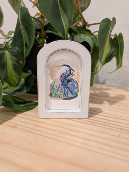 Mini Whimsical Blue Heron Art Print - Wood Arch Frame - Lora Cavallin Art