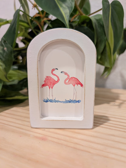 Mini Flamingo Dance Art Print - Wood Arch Frame - Lora Cavallin Art