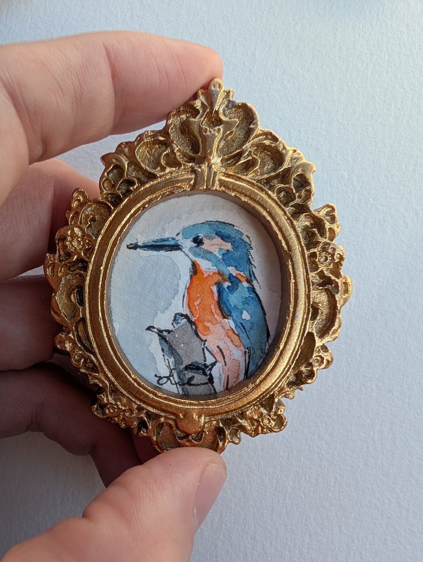 Mini Kingfisher Bird Painting - Original Watercolor Art by Lora Cavallin